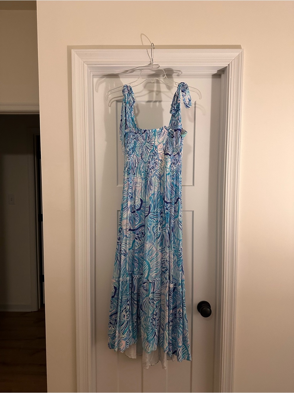 Lilly Pulitzer Blue and White Tropical Maxi Dress with Tie Straps